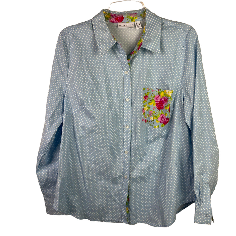 💥BOGO💥 Susan Graver Blue Polka Dot Blouse with Floral Pocket